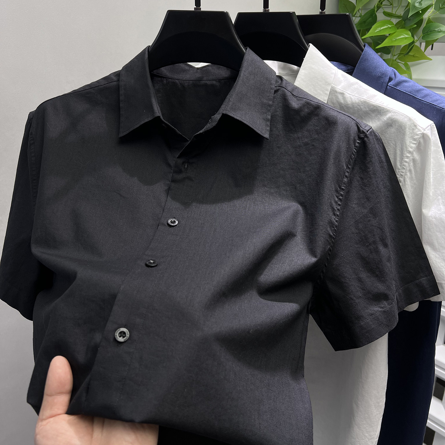 黑色亚麻短袖衬衫男夏季商务休闲上衣服棉麻寸衫男装纯色薄款寸衣