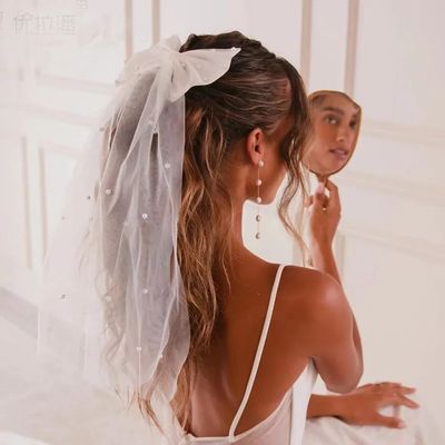 Women Short Veil For Bride Wedding Headdress Pearl Bow Tulle