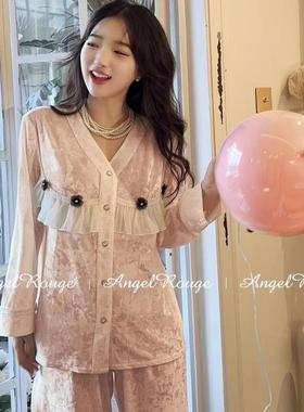 High-end 2-pc Loungewear with Velvet Feathers & Rhinestones