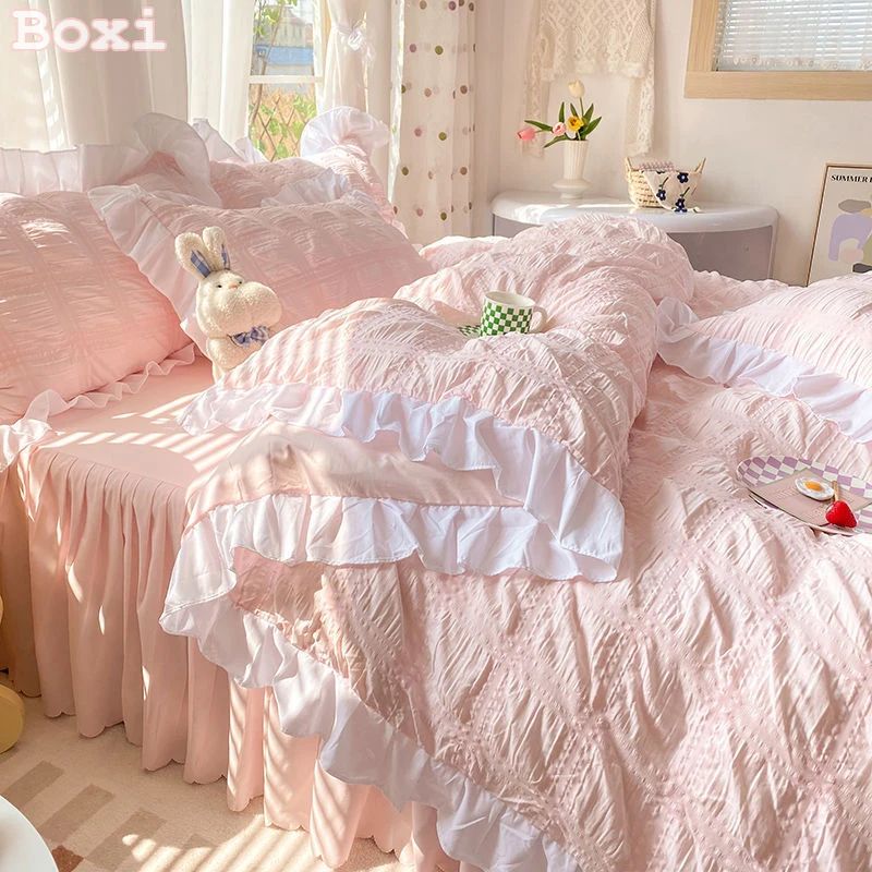 Cute Princess Style Seersucker Bedding Set For Women Cotton