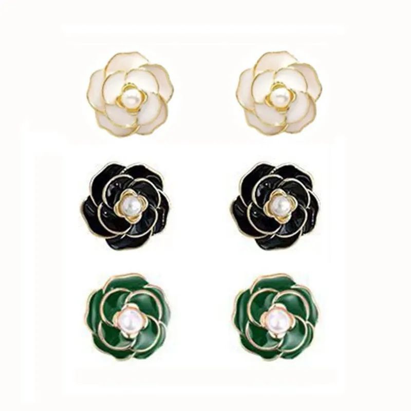 925 Silver Needle Korean Oil Dropping Camellia Pearl Earring