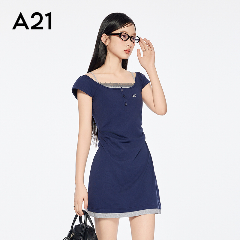 A21女装圆领露背假两件连衣裙2025夏新款简约高腰A字裙F452237014