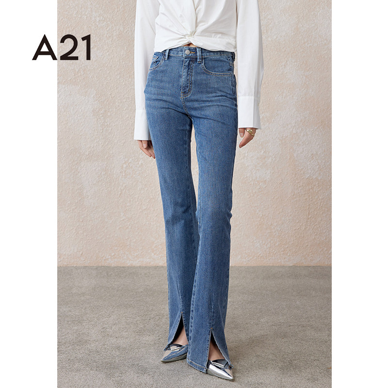 A21女装合体弹力中腰喇叭牛仔长裤显瘦开叉微喇裤复古显瘦裤,女装/女士精品,牛仔裤,淘宝优惠券,粉丝福利购,淘宝优惠卷