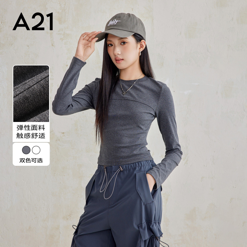 a21女装针织修身圆领套头长袖T恤
