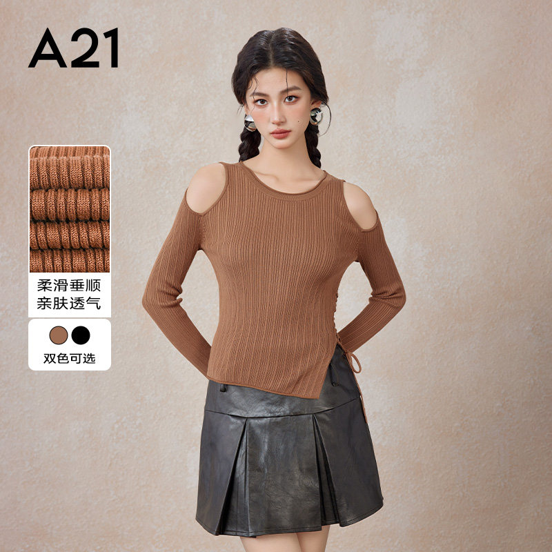 A21A21女装套头长袖线衫春秋季露肩百搭显瘦减龄内搭小众针织衫,女装/女士精品,毛针织衫,淘宝优惠券,粉丝福利购,淘宝优惠卷