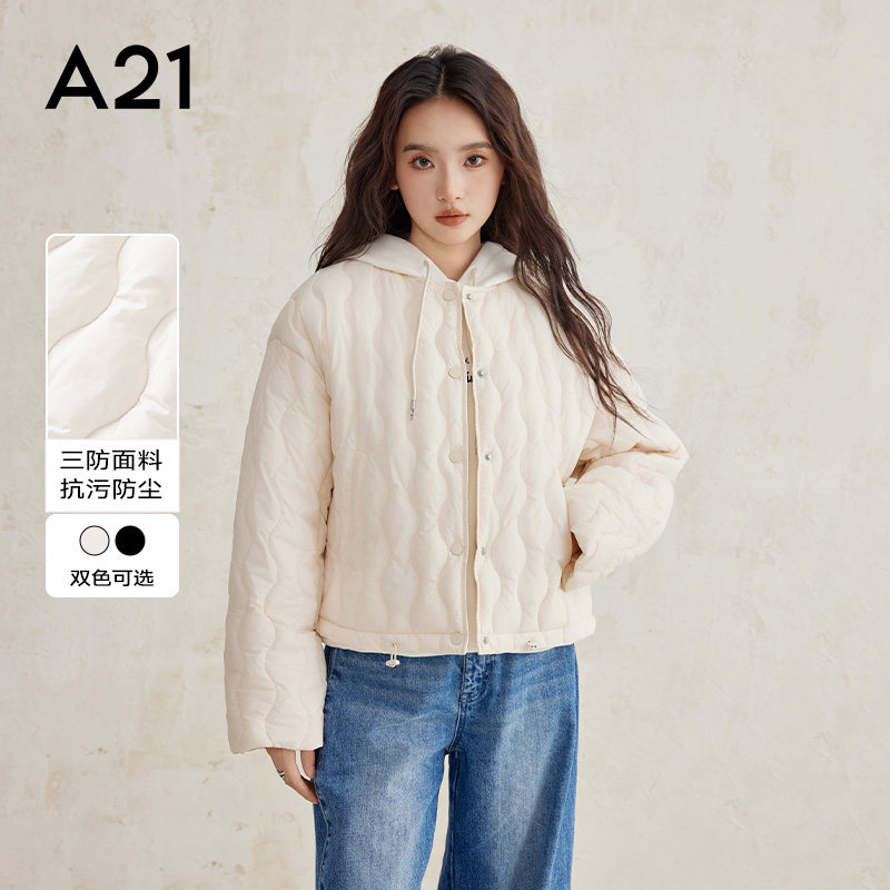 A21女装梭织宽松圆领落肩开襟短棉服