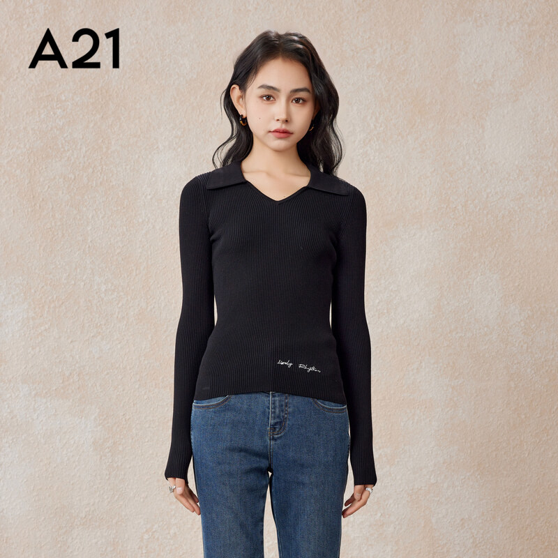 A21女装显瘦翻领套头长袖线衫V领黑色显瘦显瘦打底衫简约休闲上衣,女装/女士精品,毛针织衫,淘宝优惠券,粉丝福利购,淘宝优惠卷