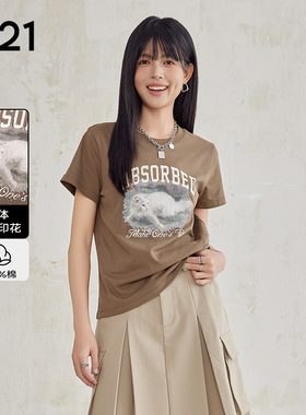 a21女装纯棉宽松圆领短袖t恤夏季小猫印花男女同款情侣装女士上衣