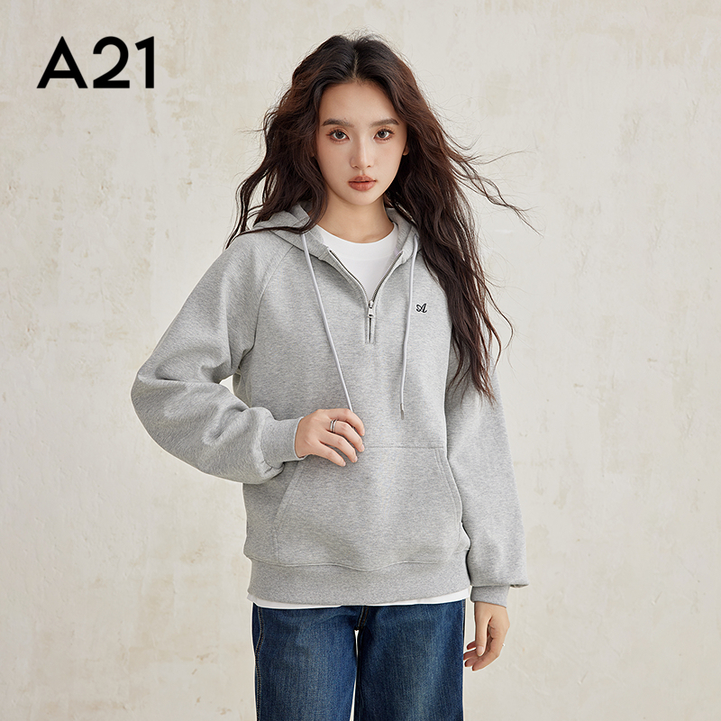 A21女装针织宽松翻领插肩半开筒中款绒底卫衣