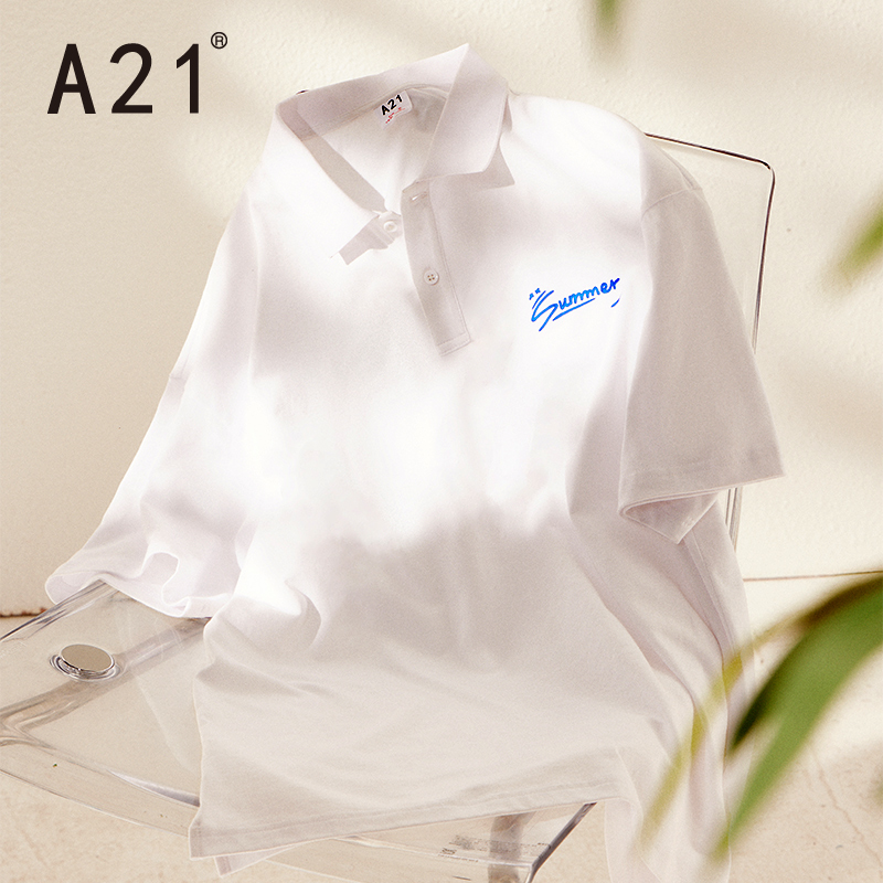 A21夏季男装2021新款宽松短袖翻领T恤情侣装POLO衫潮男士白色上衣