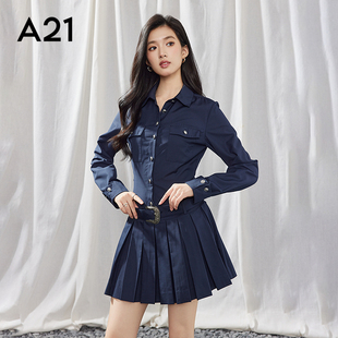长袖 A21宝蓝气质连衣裙翻领长袖 显瘦时尚 百褶A字裙修身 连衣裙 修身