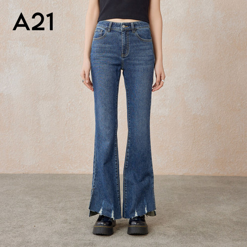 A21女装合体弹力高腰喇叭牛仔九分裤春夏款开叉蓝色休闲微喇裤