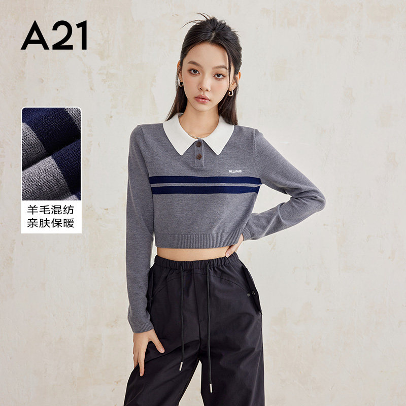 A21女装针织毛衣假两件拼接上衣