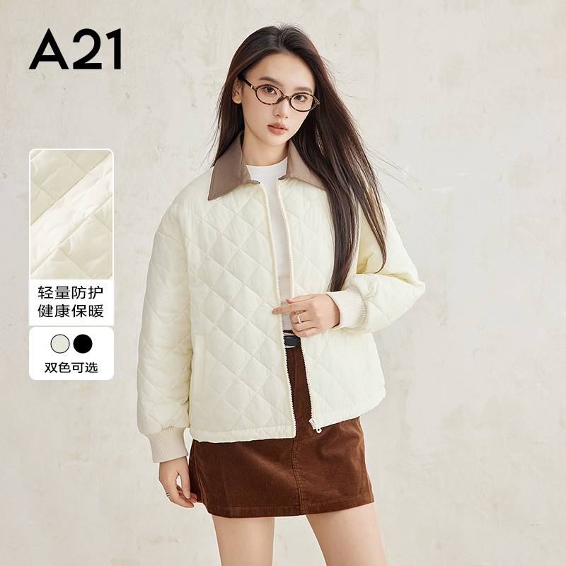 A21女装梭织宽松翻领落肩开襟短棉服