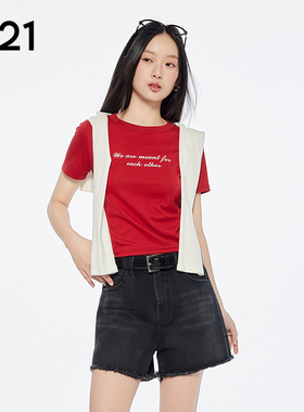 A21红色修身显瘦T恤简约休闲字母印花短袖棉上衣