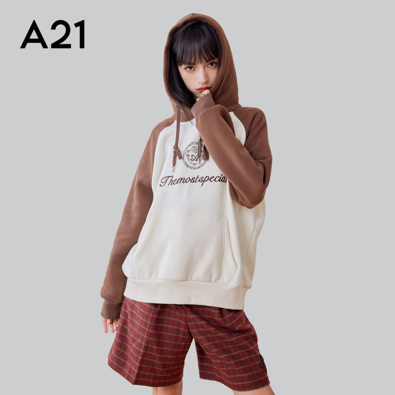 A21女装复古卫衣春秋季插肩撞色连帽学院风宽松加绒上衣户外休闲