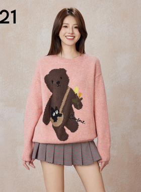 A21女装套头长袖线衫冬季新款针织宽松百搭休闲小熊慵懒风毛衣