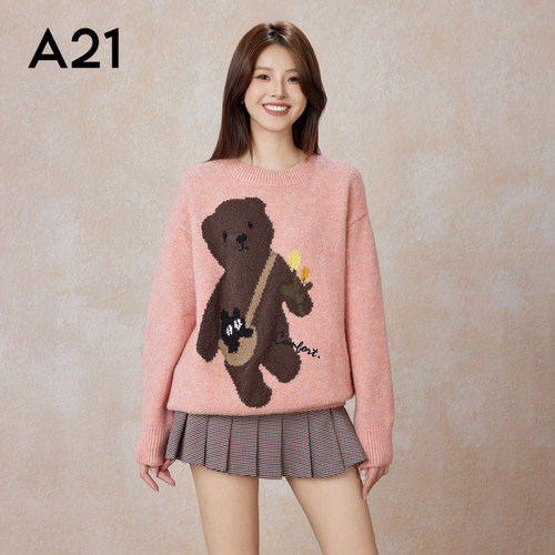 A21女装套头长袖线衫冬季新款针织宽松百搭休闲小熊慵懒风毛衣
