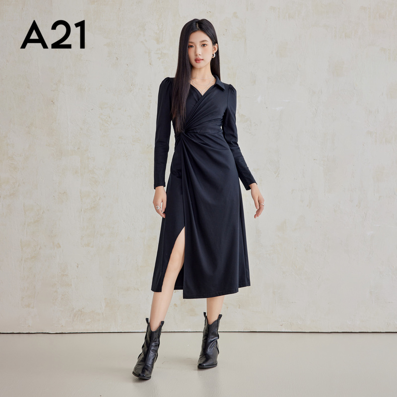 A21女装轻奢高级感V领针织连衣裙气质收腰开叉中长裙