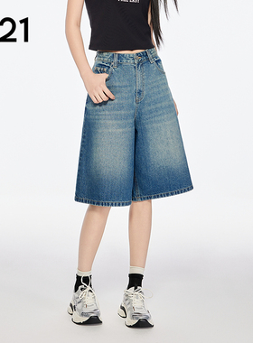 A21女装天蓝色做旧牛仔裤简约五分裤宽松显瘦阔腿裤休闲复古