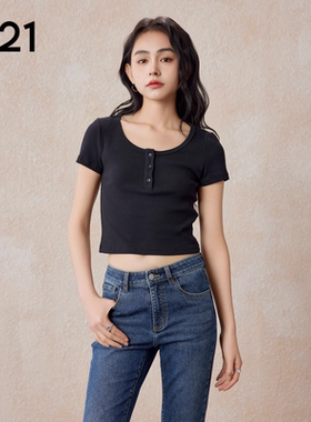 A21女装圆领潮牌短款t恤夏季基础款纯色打底短袖上衣半开筒弹力T