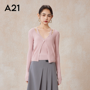 秋季 线衫 辣妹休闲上衣 显瘦圆领假两件套头长袖 A21女装