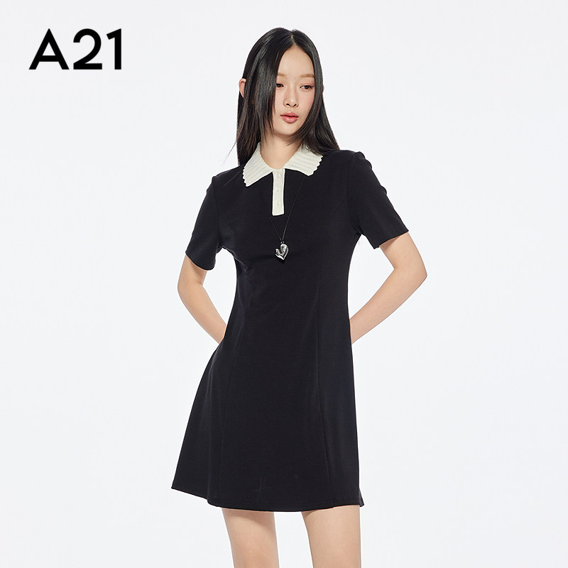A21女装高腰修身显瘦连衣裙学院风翻领撞色短袖A字裙气质收腰显瘦