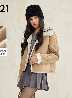 A21女装针织宽松翻领落肩开襟毛绒外套