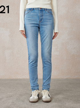A21女装显瘦弹力中腰窄脚牛仔九分裤水洗渐变修身小脚窄脚裤