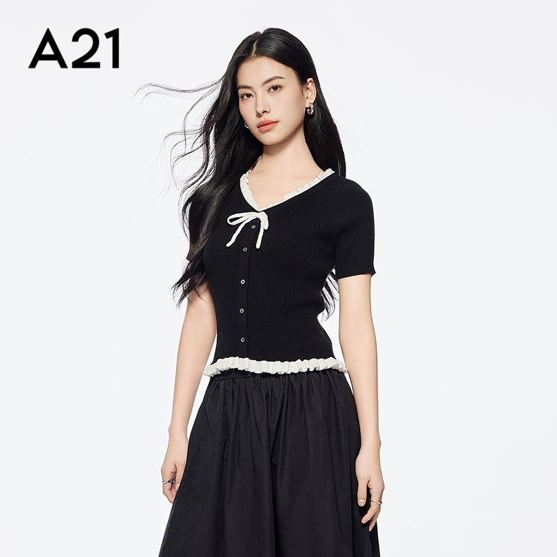 A21女装黑色V领蝴蝶结套头短袖毛针织衫韩版拼色上衣修身显瘦甜辣
