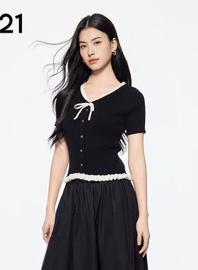 A21女装黑色V领蝴蝶结套头短袖毛针织衫韩版拼色上衣修身显瘦甜辣