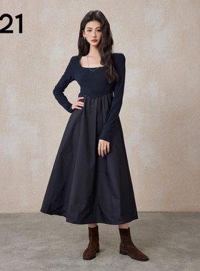 a21女装a字型显瘦长裙女秋冬季新款休闲小黑裙收腰黑色连衣裙子