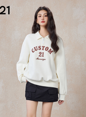 A21女装宽松翻领落肩卫衣春秋季英文印花半拉链休闲百搭POLO衫女