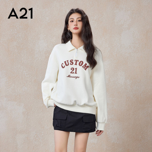 A21女装宽松翻领落肩卫衣