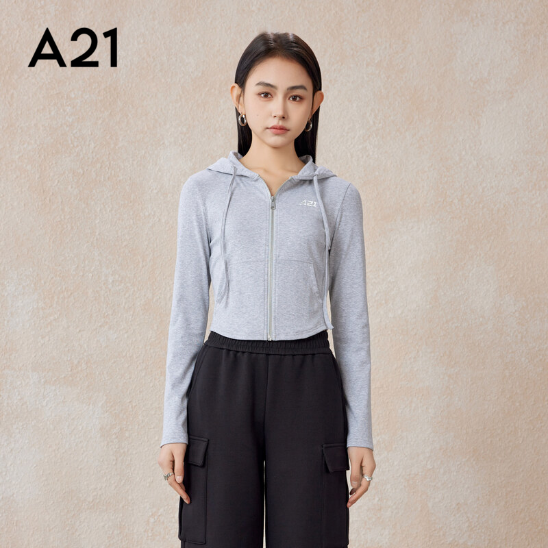 A21女装显瘦连帽开胸针织外套春季新款运动复古跑步休闲开衫卫衣