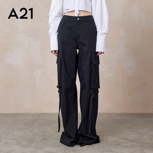 A21宽松弹力中腰阔腿牛仔裤
