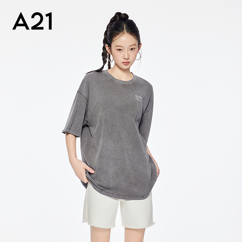 A21女装深灰宽松显瘦圆领中长款棉T恤2025夏季新款简约落肩袖上衣