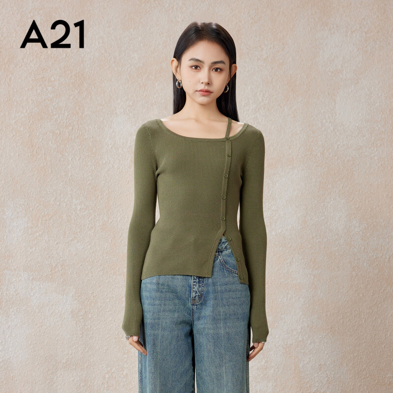 A21女装显瘦圆领长袖针织衫