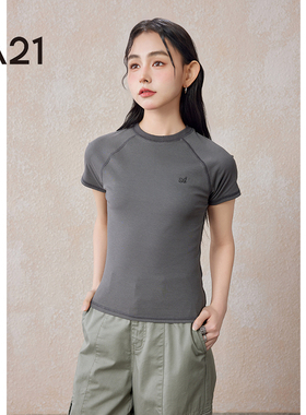 a21女装夏季美式复古休闲短袖t恤插肩圆领针织紧身显瘦基础款上衣