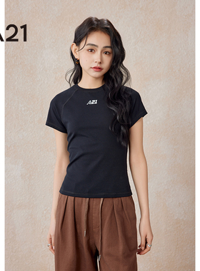 A21女装针织显瘦圆领插肩短袖t恤夏季运动跑步瑜伽休闲纯色上衣服