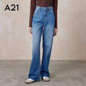 宽松高腰阔腿牛仔裤 春秋季 美式 A21女装 复古简约水洗做旧百搭长裤