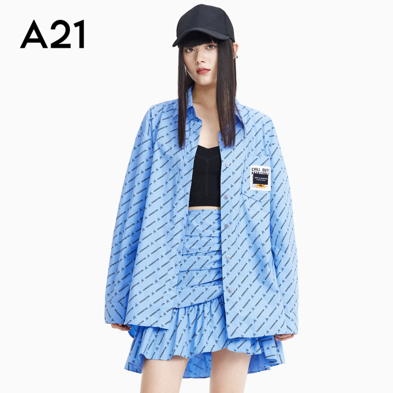 a21宽松翻领落肩长袖全开襟上衣