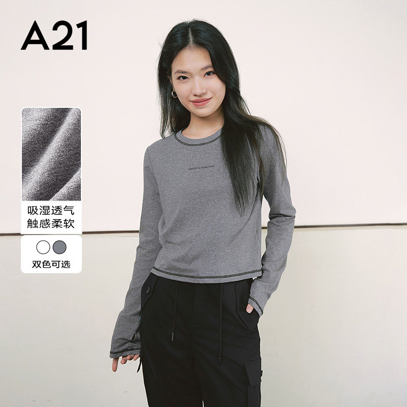 A21女装春季柔软圆领长袖T恤图片