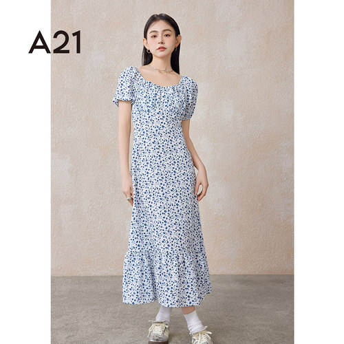 A21女装方领泡泡短袖A摆连衣裙