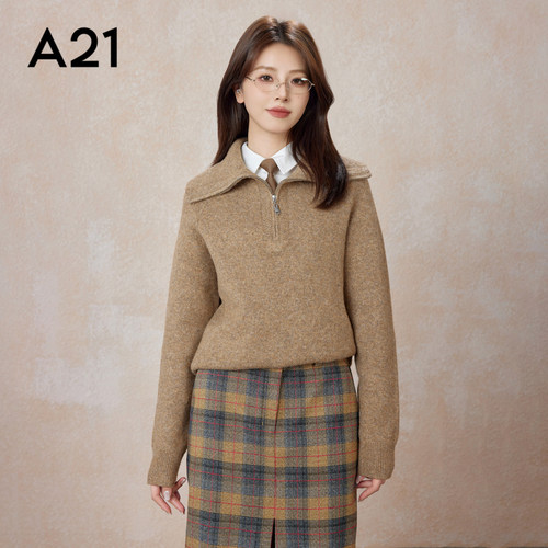 A21女装合体翻领插肩半开筒套头