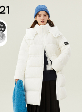 A21女装梭织宽松可拆帽长袖开胸厚羽绒外套防寒保暖中长款羽绒服