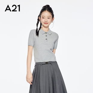 花灰POLO领薄款 2025夏季 A21女装 毛针织衫 上衣 新款 简约设计感短袖