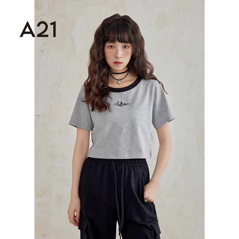 A21女装短袖T恤设计感短款修身