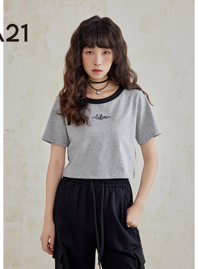 a21女装新款时尚设计感短款显瘦短袖t恤夏季 休闲打底衫女上衣