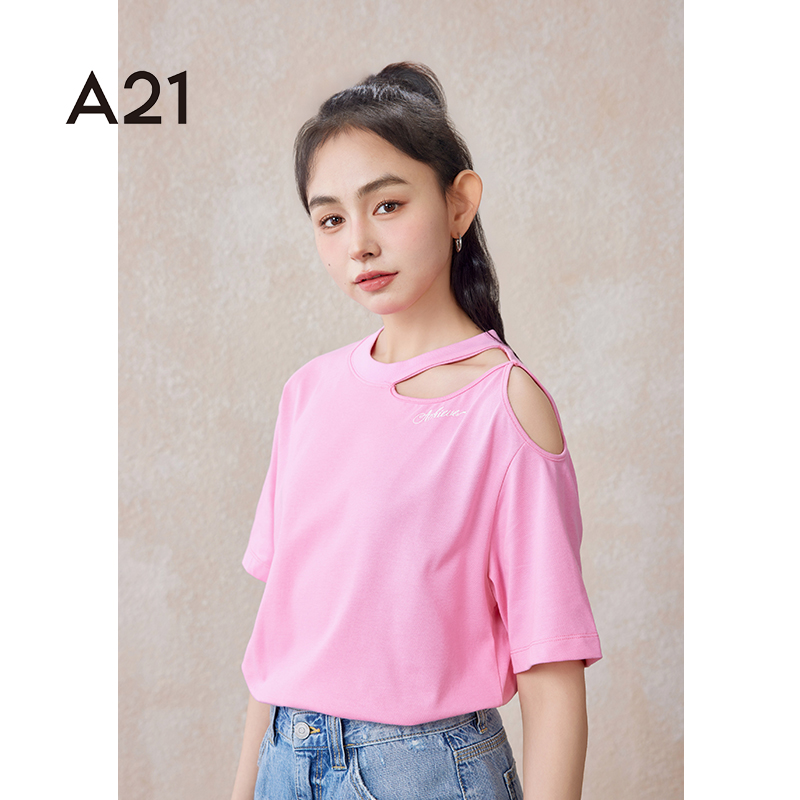 A21女装针织宽松圆领落肩短袖T恤夏季破洞设计感纯棉多巴胺穿搭